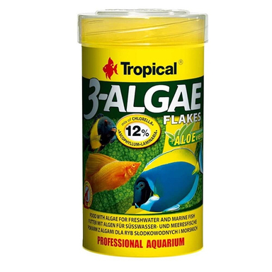 غذا ماهی تروپیکال مدل 3-algae پولکی با عصاره آلوورا حجم 250 میلی لیتر