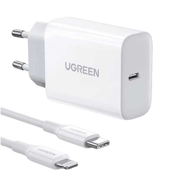 شارژر دیواری یوگرین مدل CD137 کد 50698 همراه با کابل USB-C to Lightning رنگ سفید