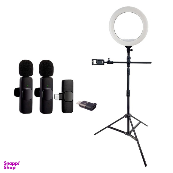 کیت تولید محتوا رینگ لایت مدل Sierra-320A به همراه سه پایه پاناسان 905M2 و میکروفون بی سیم K9