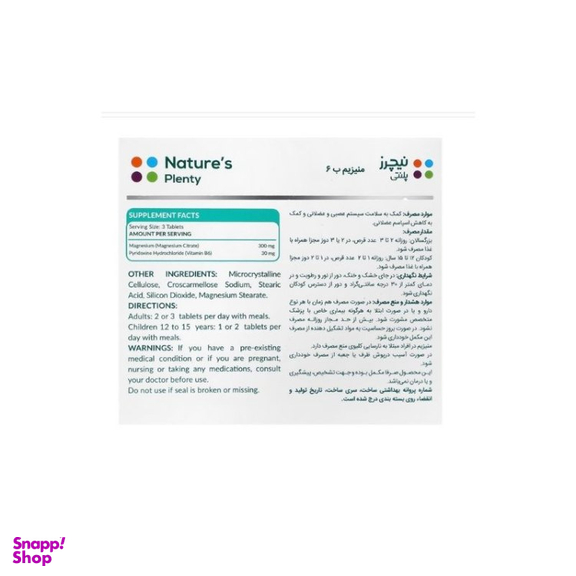 کپسول منیزیم ب 6 نیچرز پلنتی بسته 30 عددی