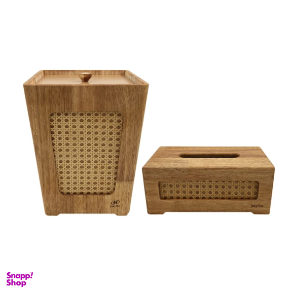 ست سطل زباله و جعبه دستمال کاغذی هایلو مدل بامبو حصیری