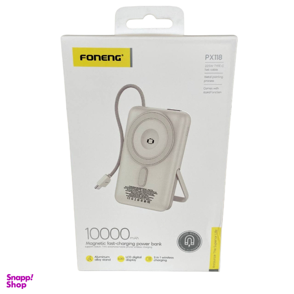 پاوربانک بی سیم فوننگ مدل کابل متصل کد PX118 ظرفیت 10000 میلی آمپر ساعت