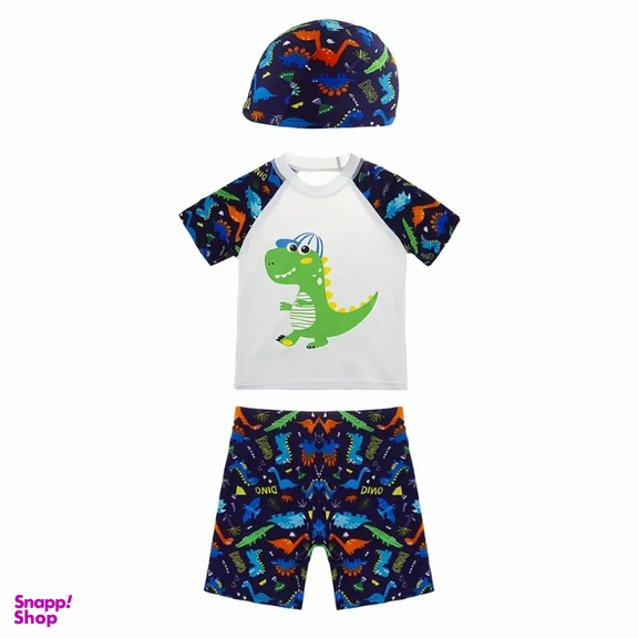 مایو شنا دو تکه پسرانه طرح Dino مدل HMK YY232 به همراه کلاه شنا