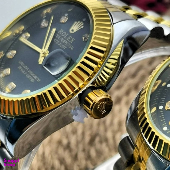 ست ساعت مچی عقربه ای زنانه و مردانه طرح رولکس مدل دیت جاست کد SR/GD/BK