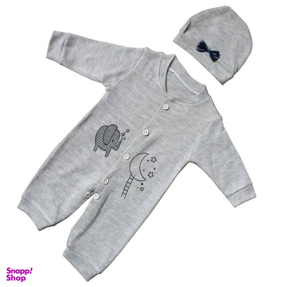 ست سرهمی و کلاه نوزادی مدل فیل و ستاره رنگ طوسی