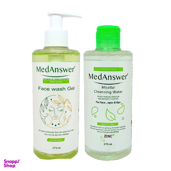 محلول پاک کننده آرایش مدانسر مدل Teatree مناسب پوست چرب حجم 275 میلی لیتر به همراه ژل شستشو صورت مدانسر مدل Sebomwd مناسب پوست چرب