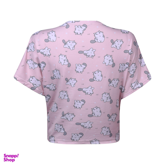 ست کراپ تی شرت آستین کوتاه و شلوارک راحتی زنانه افراتین مدل گربه متعجب کد 6584