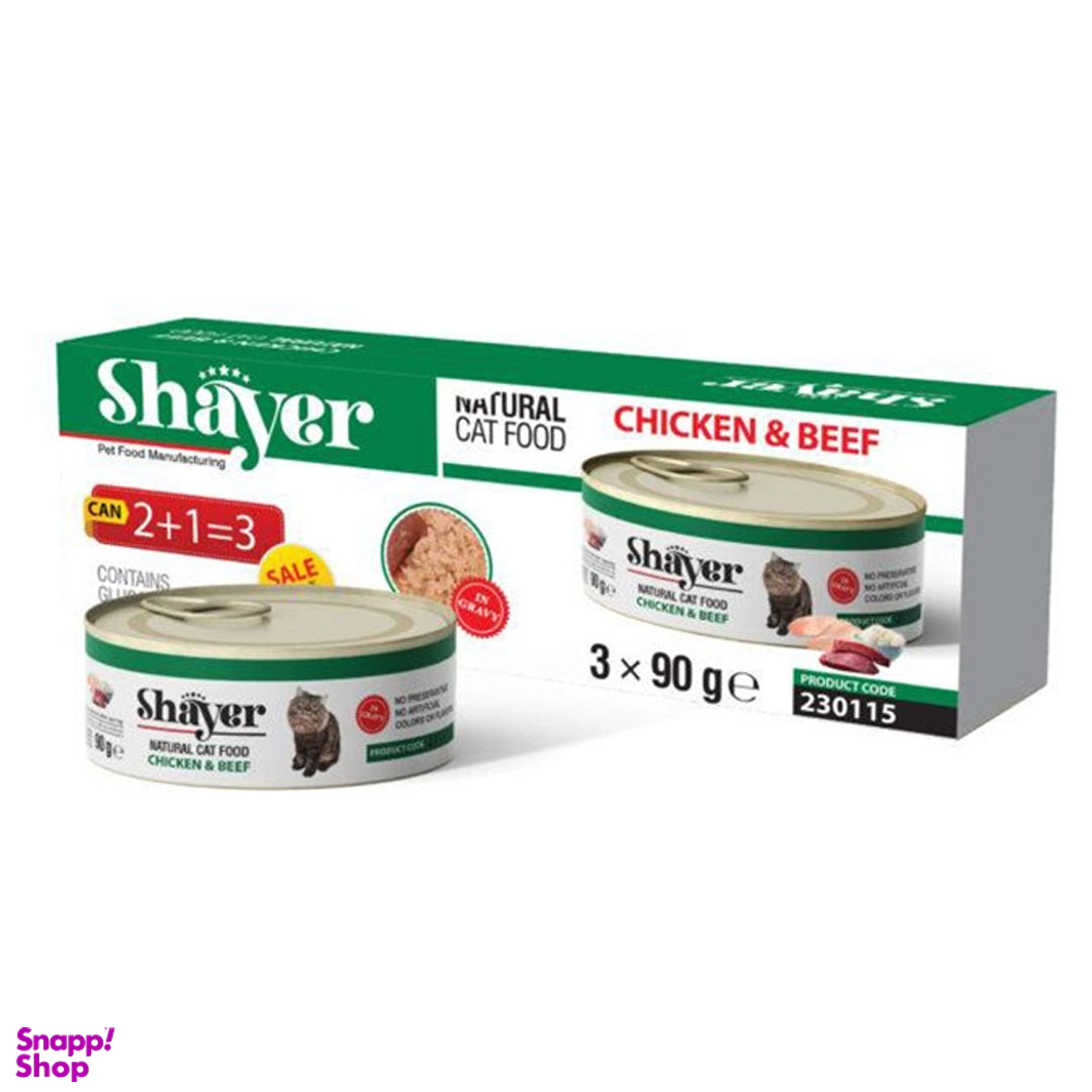 کنسرو غذای گربه شایر مدل مرغ و گوشت وزن 90 گرم بسته 3 عددی