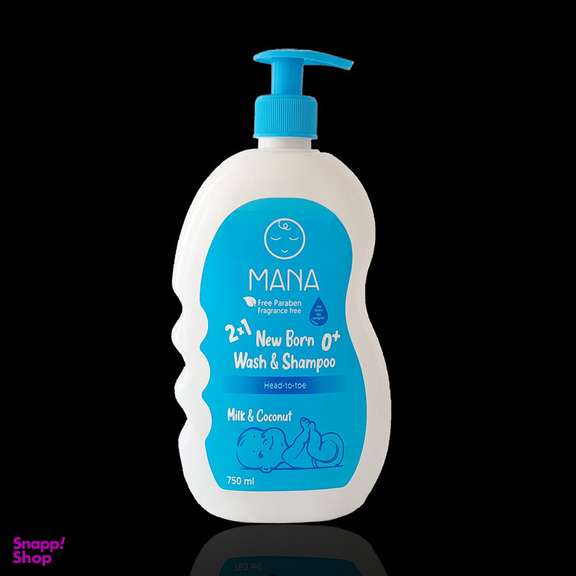 شامپو بچه مانا مدل پروتئین شیر و روغن نارگیل درب پمپی حجم 750 میلی لیتر
