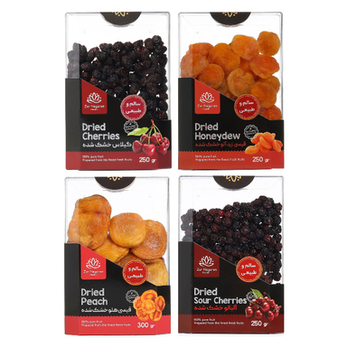 میوه‌ خشک زرنگاران طعم قیسی هلو، قیسی زردآلو، گیلاس و آلبالو بسته 4 عددی