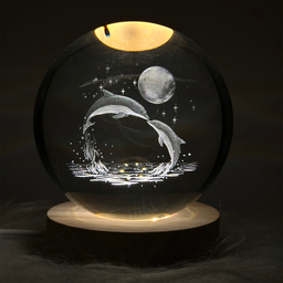 چراغ خواب مدل گوی کریستال سه بعدی طرح دلفین و ماه سایز 10 سانتی متر