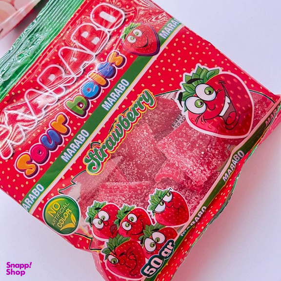 پاستیل لقمه ای نواری با طعم توت فرنگی مارابو وزن 50 گرم بسته 24 عددی