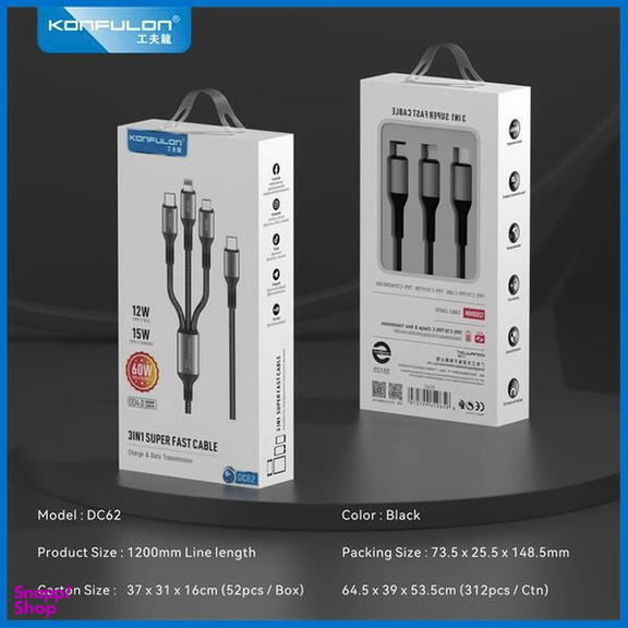 کابل تبدیل usb-C به usb-C / MicroUSB / لایتنینگ کانفلون مدل DC62 طول 1.2 متر