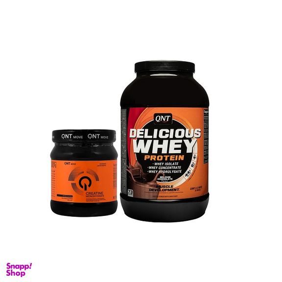 پودر پروتئین دلیشسز وی کیو ان تی وزن 2200 گرم به همراه پودر کراتین کیو ان تی وزن 300 گرم