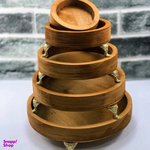 سینی چوبی مدل پایه دار طرح گرد مجموعه 5 عددی