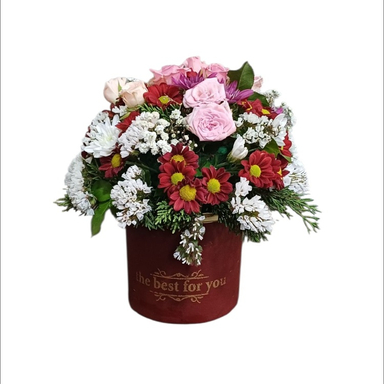 باکس گل طبیعی گل رز مینیاتوری و گل داوودی کد 68 رنگ بنفش صورتی