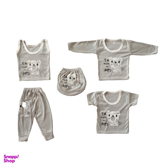 ست 5 تکه لباس نوزادی مدل خرسی رنگ طوسی