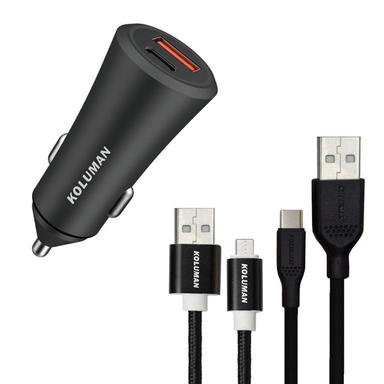 شارژر فندکی کلومن مدل KC-C03 به همراه کابل microUSB و USB-C