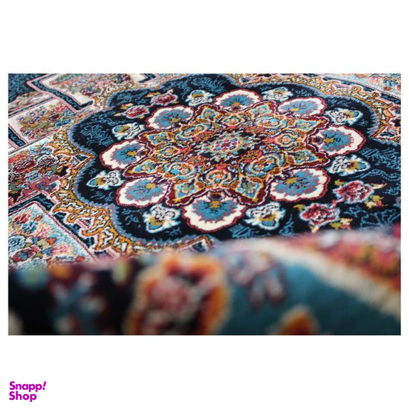 فرش ماشینی مدل بیضی طرح ناردون زمینه سرمه ای