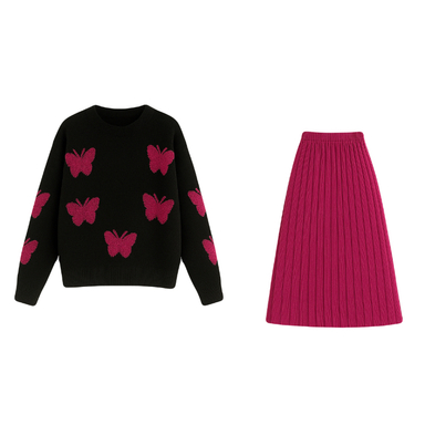 ست پلیور و دامن زنانه مدل پروانه 02 رنگ سرخابی