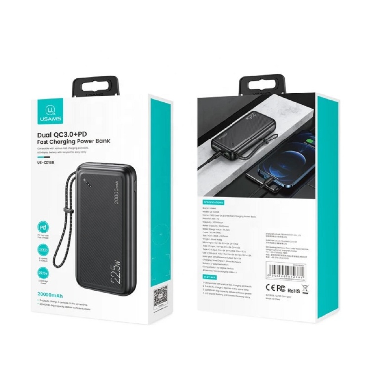 پاوربانک شارژ سریع یوسمز مدل CD168 22.5W DUALQC3 PD ظرفیت 20000 میلی‌ آمپر ساعت