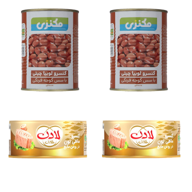 کنسرو لوبیا چیتی با سس گوجه فرنگی مکنزی وزن 380 گرم و کنسرو تن ماهی در روغن لادن وزن 180 گرم بسته 4 عددی