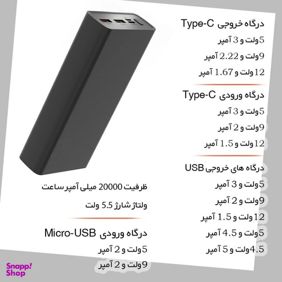 پاوربانک پی زد ایکس مدل V83 Fast Charge 22.5W ظرفیت 20000 میلی آمپر ساعت