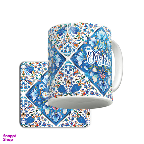 ماگ لاژید مدل اسم مهسا طرح کاشی سنتی به همراه زیر لیوانی