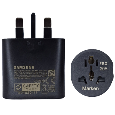 شارژر موبایل 25 وات سامسونگ مدل Ta800 سریال R37T63PFG59DKB به همراه مبدل برق 20 آمپر مارکن