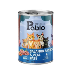 کنسرو غذای گربه پابلو مدل گوشت مرغ و سالمون و گوساله وزن 400 گرم