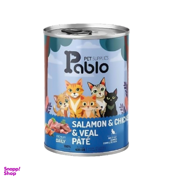 کنسرو غذای گربه پابلو مدل گوشت مرغ و سالمون و گوساله وزن 400 گرم