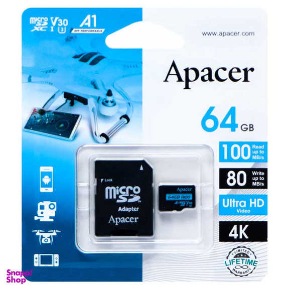 کارت حافظه microSDXC اپیسر مدل V30 A1 کلاس 10 استاندارد UHS-I U3 سرعت 100MBps ظرفیت 64 گیگابایت به همراه آداپتور SD