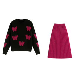 ست پلیور و دامن زنانه مدل پروانه 02 رنگ سرخابی