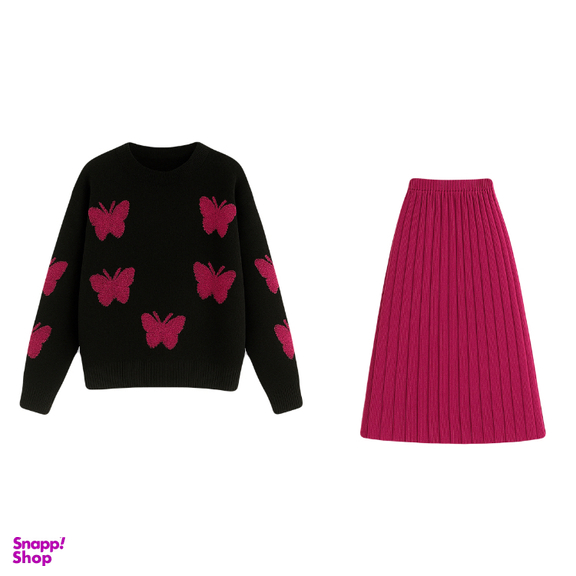 ست پلیور و دامن زنانه مدل پروانه 02 رنگ سرخابی