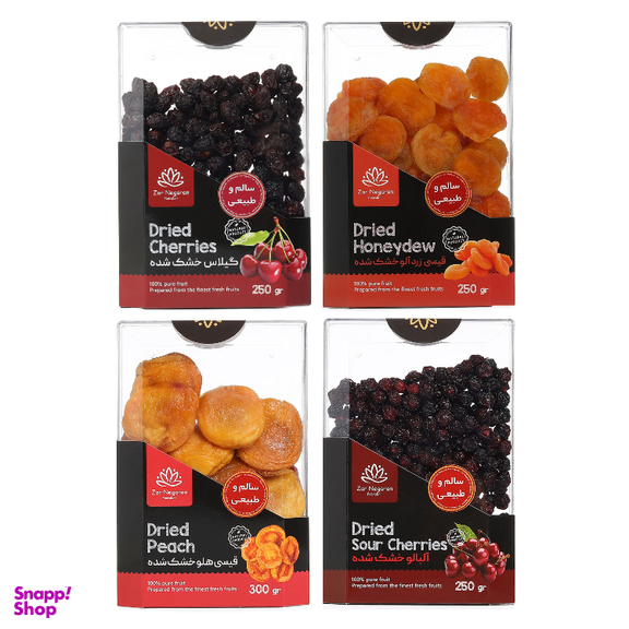 میوه‌ خشک زرنگاران طعم قیسی هلو، قیسی زردآلو، گیلاس و آلبالو بسته 4 عددی