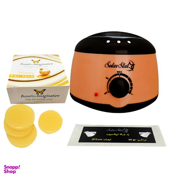 دستگاه موم گرم کن و ذوب وکس سولار استار مدل 501 به همراه وکس سکه ای مدل عسل وزن 400 گرم و پد اپیلاسیون مدل 010 بسته 10 عددی