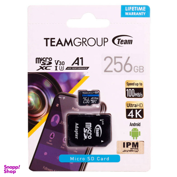 کارت حافظه تیم گروپ مدل microSDXC A1 V30 U3 ظرفیت 256 گیگابایت به همراه خشاب
