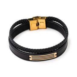 دستبند چرم و طلا 18 عیار مردانه داریم طرح دو خط کد D09