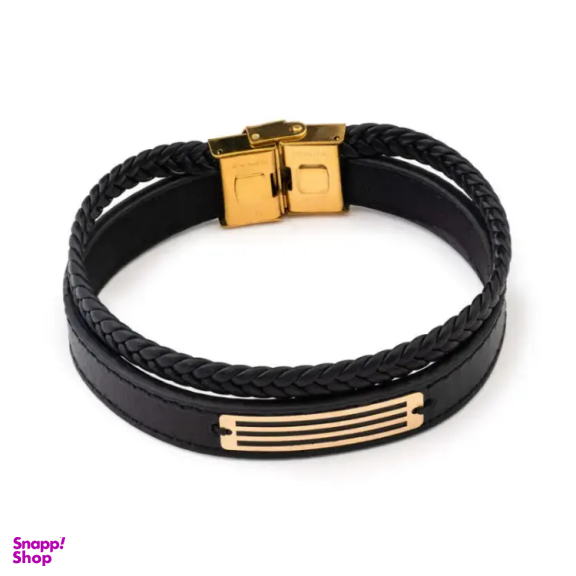 دستبند چرم و طلا 18 عیار مردانه داریم طرح دو خط کد D09