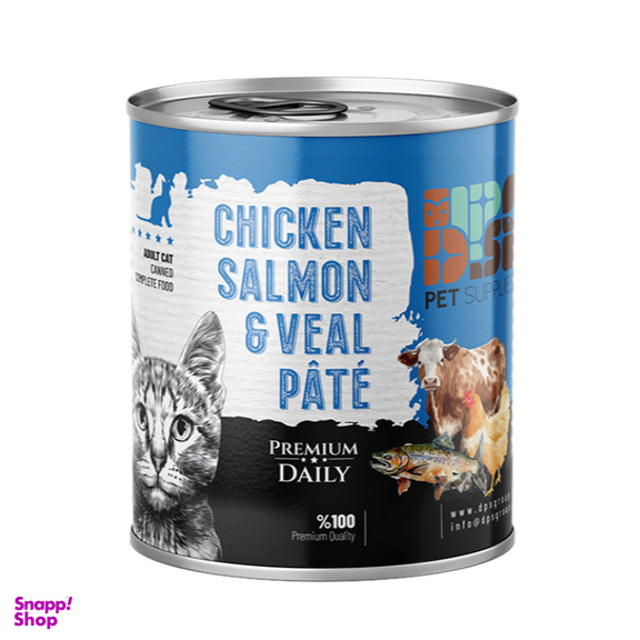 کنسرو غذای گربه بالغ دی پی اس مدل پته طعم مرغ و سالمون و گوساله وزن ۸۰۰ گرم