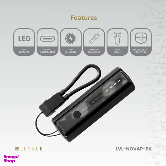 پاوربانک و چراغ قوه لولو مدل LVL-NOVAP-BK ظرفیت 5000 میلی آمپر ساعت