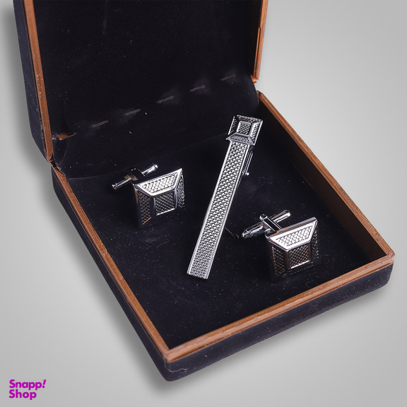ست دکمه سردست مدل مربعی و گیره کراوات کد 7440 رنگ نقره ای