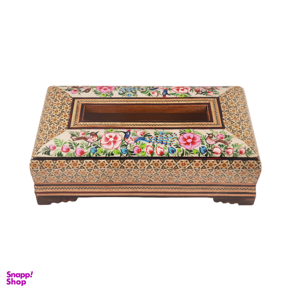 جعبه دستمال کاغذی خاتم کاری مدل تخمه دار نقاشی گل و مرغ