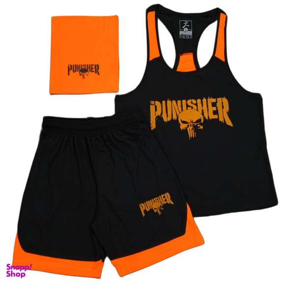 ست تاپ و شلوارک و اسکارف ورزشی مردانه کد 1604 رنگ مشکی نارنجی