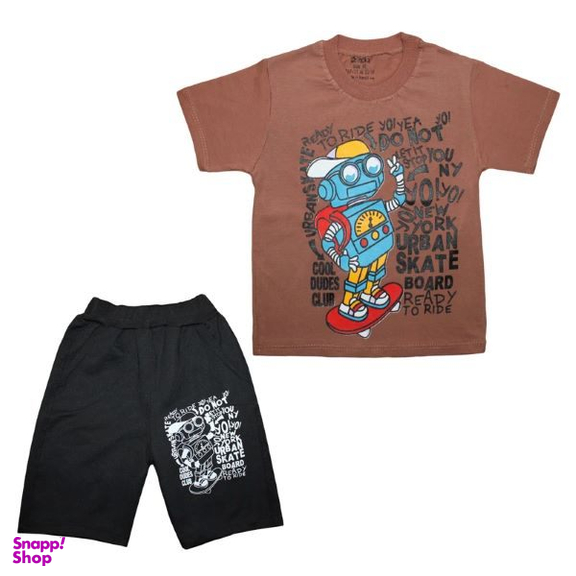 ست تیشرت آستین کوتاه و شلوارک راحتی پسرانه چیندکا مدل ربات کد 1008 رنگ آجری