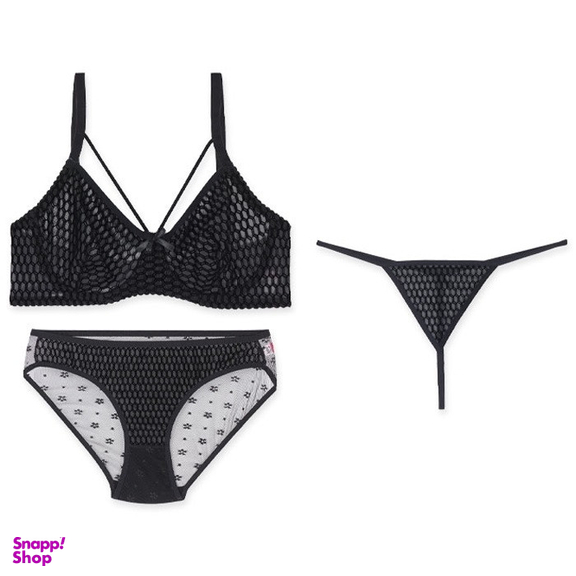 ست دو شورت و سوتین هارنس دار ژوبین طرح لونه زنبوری رنگ مشکی