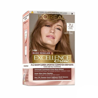 کیت رنگ مو بدون آمونیاک لورآل سری Excellence Creme شماره 7U پایه رنگ خرمایی نود