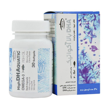 کپسول روغن ماهی بدون جیوه حاوی DHA بالا آکواتیک داروسازی کارن طعم مرکبات بسته 30 عددی