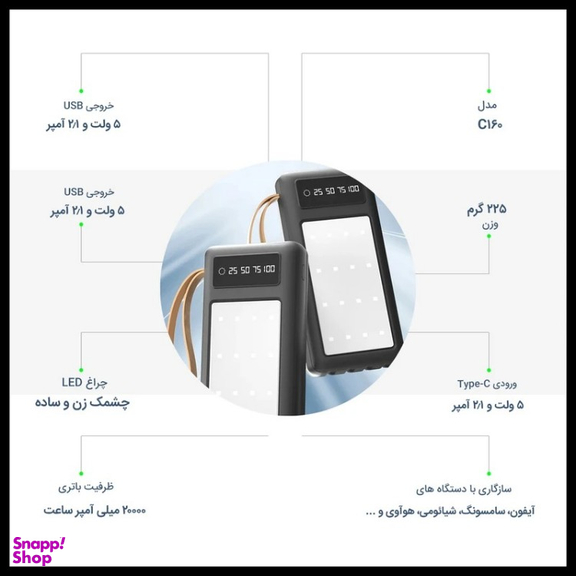 پاوربانک پی زد ایکس مدل C160 ظرفیت 20000 میلی آمپر ساعت