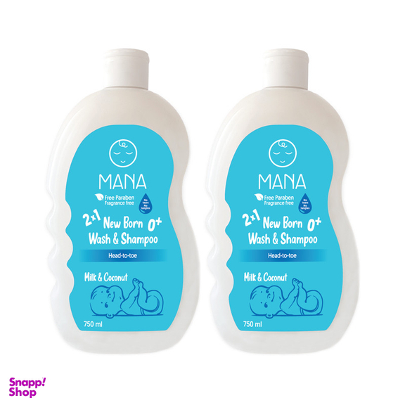 شامپو کودک و نوزاد مانا مدل سر و بدن حجم 750 میلی لیتر بسته 2 عددی